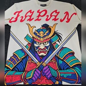 Brand Makers Mens Medium JAPAN Samurai Warrior Graphic Heavyweight Cream T-Shirt